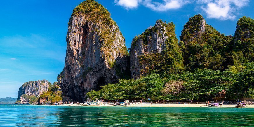 Limestone cliffs on Phra Nang Beach in Thailand.