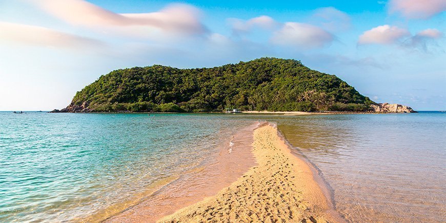 View of Koh Ma from Mae Haad Beach on Koh Phangan in Thailand.