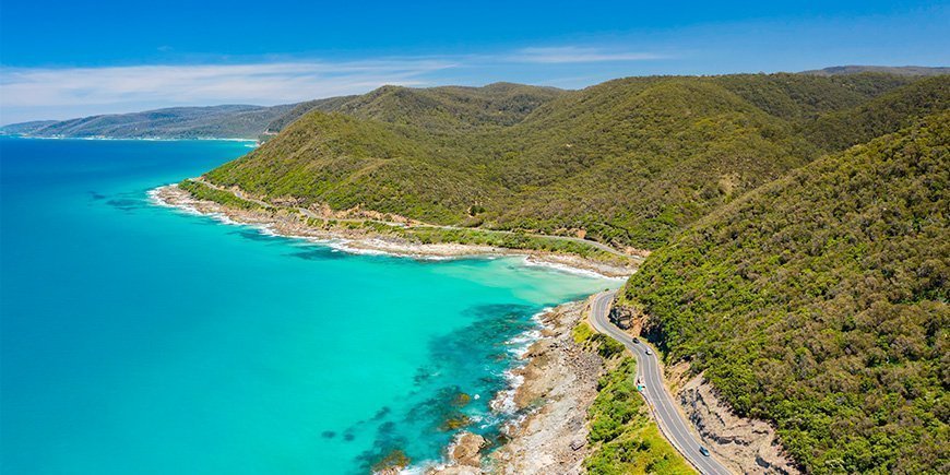 View of the Great Ocean Road in Australia on a sunny day.