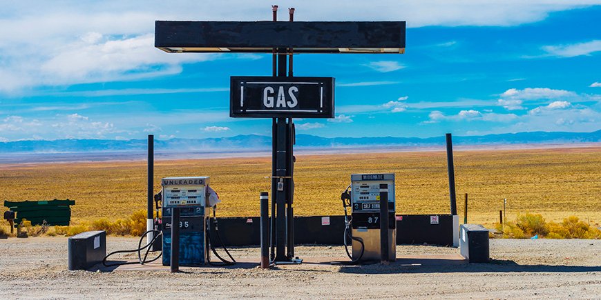 Old petrol station on a deserted road in USA