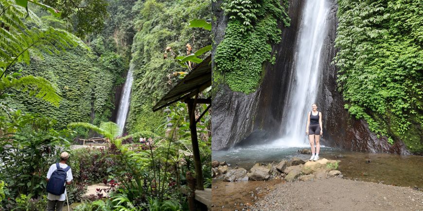 Standing in front of red Coral Waterfall in bali