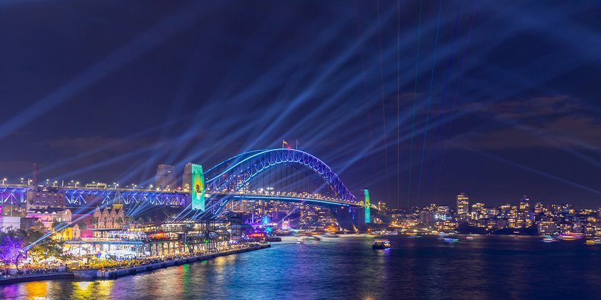 Vivid Sydney light festival with lights over the Harbour Bridge