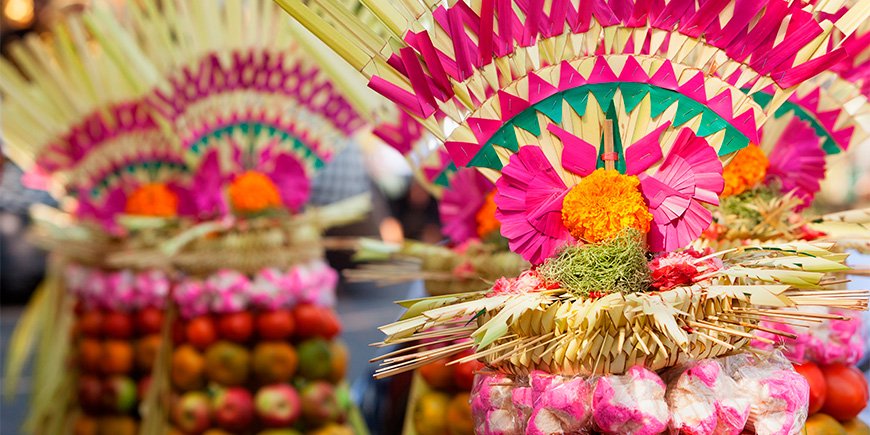 Traditional Balinese offering used for Melasti in Bali